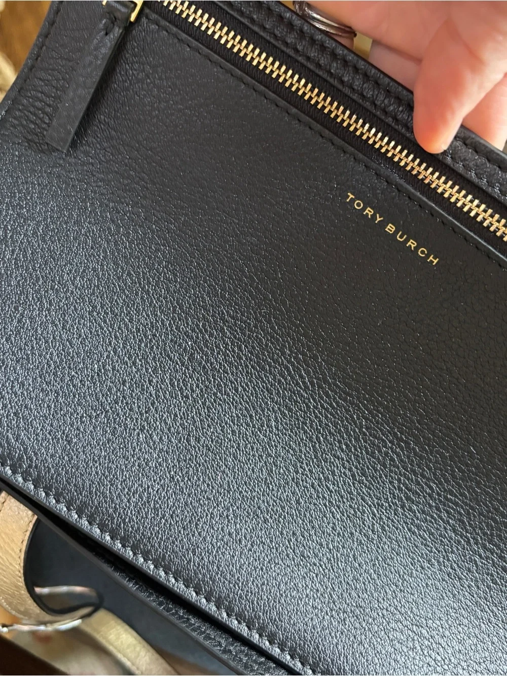 Tory Burch New Black Pebbled Leather Tote with detachable matching zipper wallet